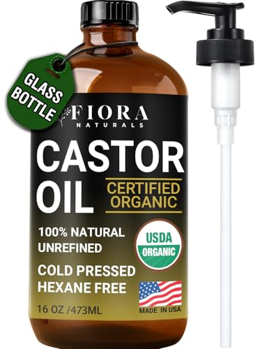 Organic Castor Oil in Glass Bottle – 16 Oz Cold Pressed & Hexane-Free – USDA Certified – Skin Moisturizer, Hair Growth Oil For Lashes, Brows, Skin & Scalp – with Pump