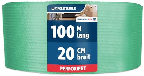 Luftpolsterfolie Rolle 20cm x 100m | Bubble Wrap perforiert für Versand, Verpackung und Umzug | 3-schichtige grüne Noppenfolie als Verpackungsmaterial | Füllmaterial Pakete