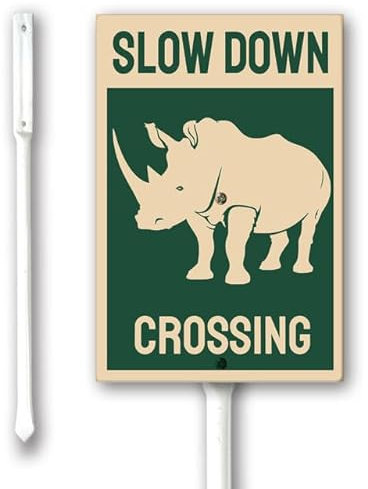 Geroclonup Divertente cartello da giardino con Ehinoceros che attraversa un rallentamento, 20 x 30 cm, in alluminio, impermeabile, con paletto, 32 cm