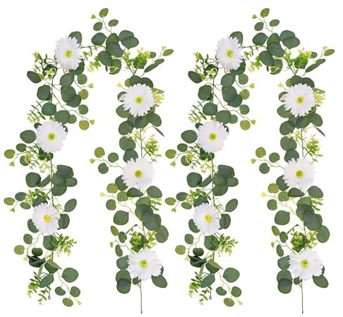 Marooma Lot de 2 Guirlandes de Marguerites Artificielles, Fleurs de Marguerites Blanches de Printemps, Guirlandes de Feuilles D'eucalyptus Artificielles de 180 Cm de Long
