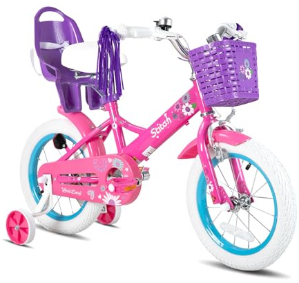 STITCH Little Daisy 16 Inch Kids Bike for 5-7 Years Girls with Stabilisers & Doll Seat, 16 Inch Princess Girls Bike with Basket & Streamers,Purple