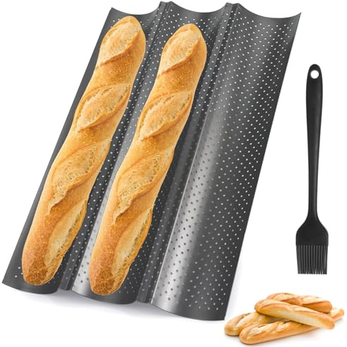HO-SFSM Moule à Pain Baguette Français,Plaque à Baguette Moule pour 3 Baguettes Noir Perforé Français Antiadhésif Poreux Convient 38 x 24,5 CM