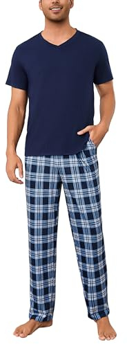 Bresdk Pigiama Uomo Invernale Cotone Lungo Pigiami da Uomo Set Leggero Maniche Corte e Pantaloni Lunghi a Quadri Comodo Traspirante per Casa Blu M