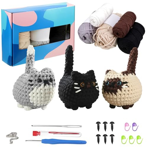 Dajidafu 3Pcs Cat Crochet Kit for Beginners – Crochet Animal Kit for Adults & Kids with Step-by-Step Video Tutorials, Includes Yarn, Hook & Accessories, Cute Animal Craft Gift