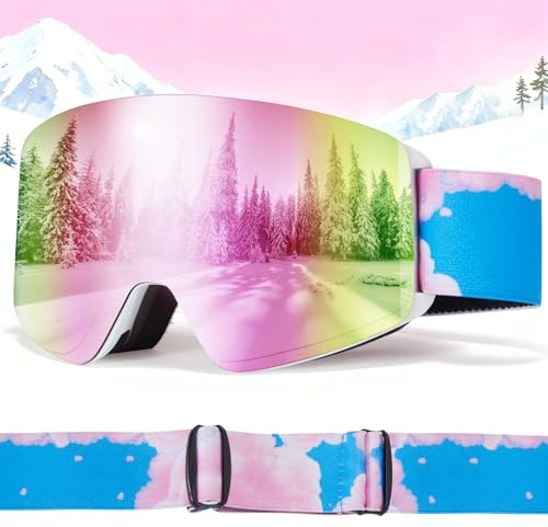 JQF Gear Kids Ski Goggles, Magnetic Child Snowboard Goggles OTG Snow Sports Goggle for Boys Girls UV400 Anti Fog(White Frame Pink Lens)