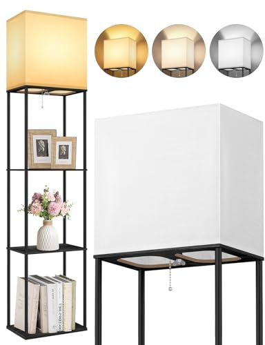 OUTON Lampada da terra con 3 ripiani,piantana design moderno con ripiano in legno, libreria alta a 3 temperature di colore, LED lettura regolabile – Salotto, Camera, Ufficio (Nero)