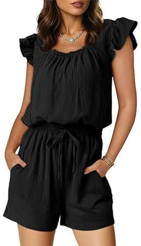 QUNERY Mono Corto Mujer Verano Elegante Cuello Cuadrado Jumpsuit Mujer Mono Corto Informal con Cordón y Bolsillos Negro L
