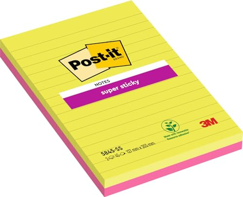 Post-it Super Sticky Large Notes, Lined, 90 Sheets, Pack of 2 Pads, 127 mm x 203 mm - Holds Strong to Many Surfaces - Pink, Green - for Walls, Monitors and Fridge, Recycable