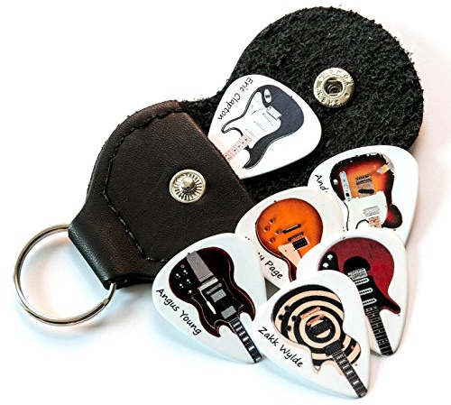 6 Famous Guitars Guitar Picks with Leather Keyring | Leather Plectrum Holder Keyring