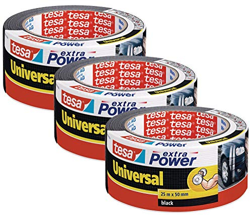 tesa extra Power Universal Gewebeband - Klebeband mit extra starkem Halt - vielseitiges Duct Tape für Reparaturen, zum Befestigen, Abdichten und mehr - Schwarz - 3 Rollen - 25 m x 50 mm