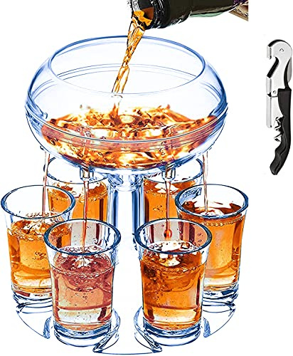 Dispensador de vidrio de chupito ajustable y soporte con 6 vasos de bebidas coloridos, dispensador de licor hecho de plexiglás de grado alimenticio para fiestas, bar en el hogar (azul)