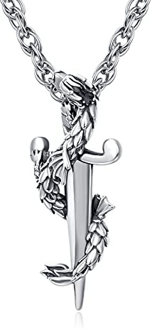 praymos Dragon Sword Necklace 925 Sterling Silver Chain Dragon Pendant Vintage Monster Jewellery Birthday Gift for Men Women Unisex …