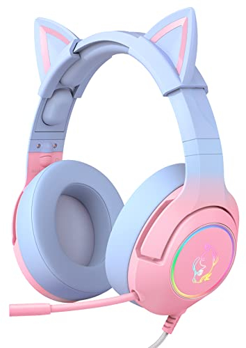 PHNIXGAM Casque de Jeu pour PS4, PS5, Xbox One (sans Adaptateur), Casque avec Oreilles de Chat Amovibles, Microphone antibruit, rétroéclairage RVB, Son Surround PC, téléphone Portable, dégradé