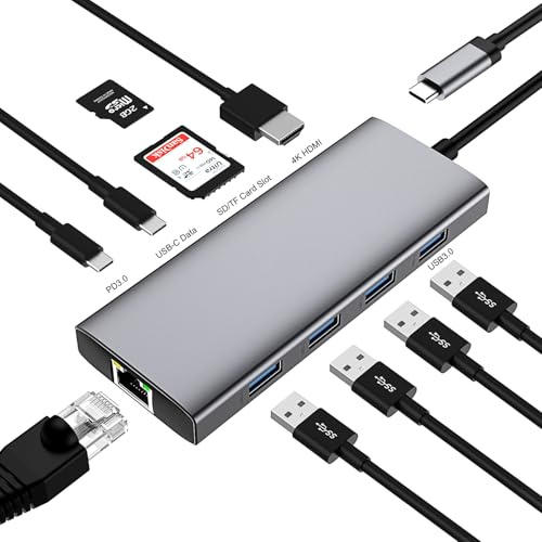 Adaptador USB C HUB, USB C 10 en 1, estación de Acoplamiento con 4 K HDMI, VGA, USB 3.0, Puerto USB-C, 100 W PD, Lector de Tarjetas SD/TF, Compatible con MacBook Pro/Air y Otros Dispositivos Tipo C