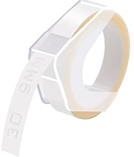 Cruxer Präglingstejp ersättning för Omega etikettband, självhäftande präglingstejp, 9 mm x 3 m, vit på klara vinyletiketter för Omega Junior präglingsetiketter, 30-pack