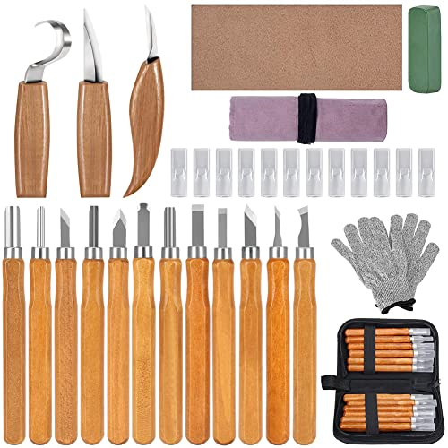 19 Stück Schnitzmesser Holz Schnitzwerkzeug Set, Katsiro Holzwerkzeug Schnitzset mit Schnitzmesser, Schleifleder, Schnittfesten Handschuhen, Holzbearbeitungswerkzeuge Schnitzen für Anfänger