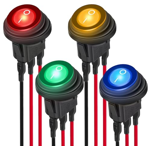4 Stück Wasserdichter runde Kippschalter klein ON/OFF Gerät, ON/OFF Wippschalter Mini Wippschalter 3 Pins 2 Position EIN/Aus Rot/Blau/Gelb/Grün für Auto, Boot, Haushaltsgeräte pro Kabel,Wohnmobil