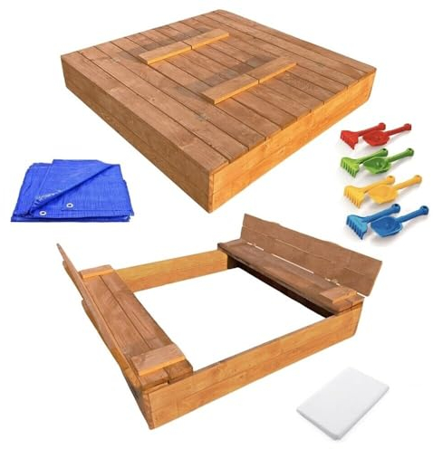 Sandkasten mit Deckel 120x120 Sandbox Imprägniert Sandkiste mit Sitzbänken Holz Spielzeug Garten Spielzeug