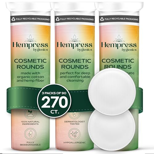 Hempress Hygienics Organic Cotton Rounds for Face, Exfoliating & Gentle Makeup Remover Pads, Perfect for Cleansing, Toning, Refreshing and Applying Skincare, Vegan and Hypoallergenic (270 Count)