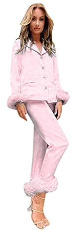 Pigiama da donna con piume, in raso, da donna, lungo, set da casa, elegante e sexy, biancheria da notte per Natale, feste, due pezzi, abbottonatura a piuma, camicia + pantaloni lunghi, set leggero,