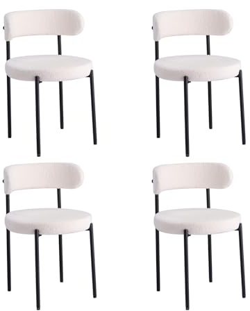 DEYARNA HOME Pack de 4 Sillas de Comedor, Sillas de Cocina Modernas con Patas Metálicas y Respaldo Curvo, Sillas Redondas Tapizadas para Comedor, Cocina y Salón (Blanco)