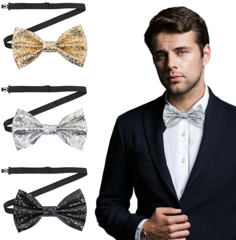 CATOR 3 PCS Noeud Papillon Homme avec Paillettes, Nœud papillon paillette homme, Flash Nœud papillon avec crochet, Réglable Noeud papillon pré-noué formel pour Mariage Fête, Soirée