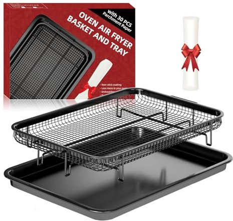 Air Fryer Basket for Oven, Large14.88×10.98Air Fryer Pans for Convection Oven with 30 Sheet Parchment Papers, THORSES Non-Stick Stainless Steel Air Fryer Basket and Tray for Multi Cooking - Black