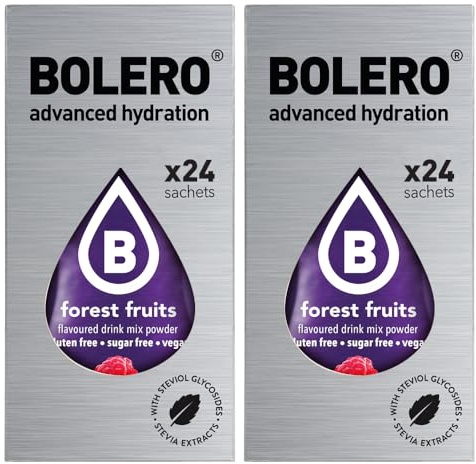 Set Bolero Drink da 48 Bustine 3 grammi Forest Fruit (frutti di bosco) 3 gr Gusti Diversi alla Frutta Preparato Polvere Solubile Bevanda Fresca in Acqua,144 grammi dolcificato stevia,0.14 kg