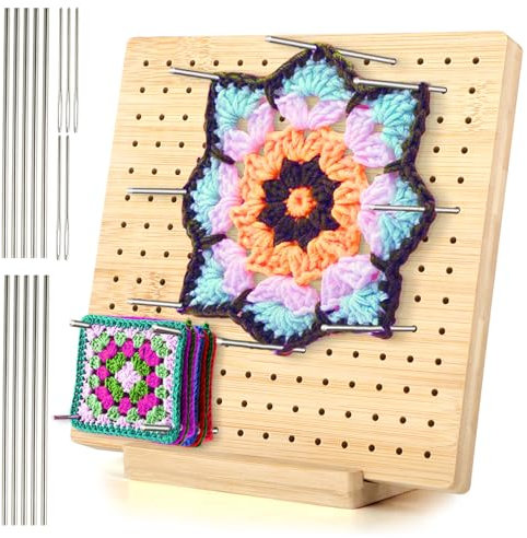 Granny Square Spanner Blocking Board 19,5 x 19,5 cm, Holz Spannbrett für Granny Squares, inkl. 10 Edelstahlstäbe & 5 Nadeln, Blocking Board Häkeln, Praktisches Häkeln Zubehör für Häkel- & Strickteile