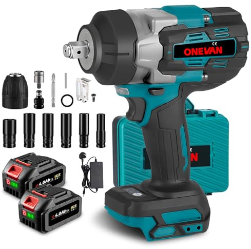ONEVAN Cordless Impact Driver Electric Wrench - High Torque Electric Impact Gun, 1700 N.m Max Torque, 3 Speed Forward and 2 Reverse Impact Driver for Car Tyre Change（Blue）
