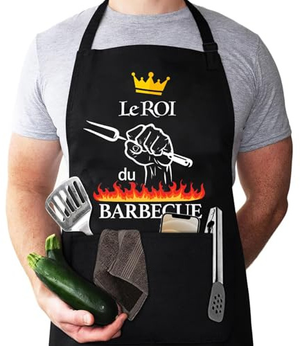 WGIJXA Tablier Cuisine Barbecue Homme Noir, Tablier de Cuisine BBQ Homme Personnalisé Professionnel Réglable Étanche, Tabliers Humour Drole Rigolo Chef Papa Le Roi du Barbecue Fête Cadeau Noël