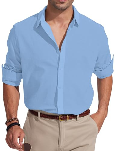 Friptspyg Chemise en Lin Hommes Manches Longues Coton en Lin Chemise D'été de Plage Regular Fit Chemises de Loisirs, Bleu Ciel S