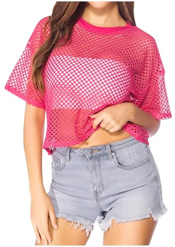 Générique Haut en maille filet pour femme des années 80 - Crop-top transparent - Chemisier en maille transparente - T-shirt sexy en maille filet