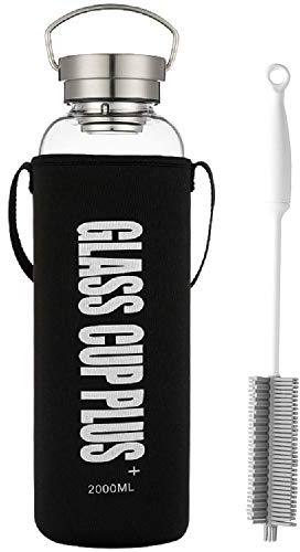 sunkey Bottiglia Acqua 2 Litri in Vetro Borosilicato Trasparente Portatile Leakproof Tappo Manico Neoprene Custodia Bpa Free