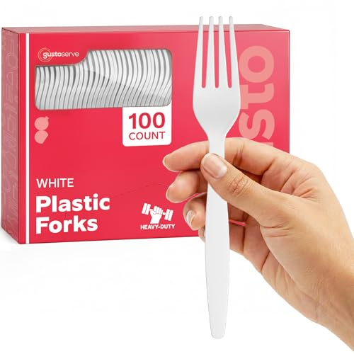 GUSTO [100 Pack] Basic Disposable Plastic Forks, White Plastic Forks Heavy Duty - Perfect for Parties, Events, and Dinner (Formerly Comfy Package)
