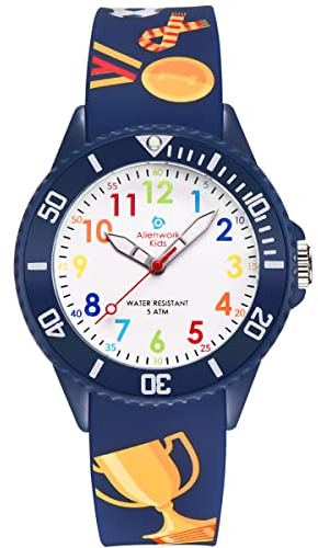 Alienwork Calcio Ragazzi Orologio di Apprendimento Bambini Ragazzi Ragazze Blu Marino Bracciale in Silicone Multicolore bambini Impermeabile 5 ATM Tempo di Apprendimento