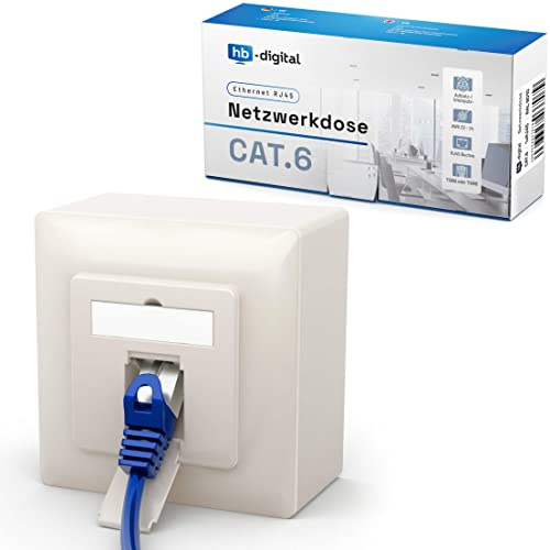 hb-digital 1 x CAT 6 nätverksuttag LAN-uttag universell kopplingsdosa – 1 x RJ45-port – ytmonterad/infälld skärmad EIA/TIA 568A&B 8P8C 1 Gigabit Ethernet-nätverk – ren vit