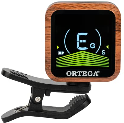 Ortega Guitars Clip On Tuner – Wiederaufladbares Kopfplattenstimmgerät – für Gitarre, Bass, Ukulele – Holzoptik, Schwarz (OETRC)