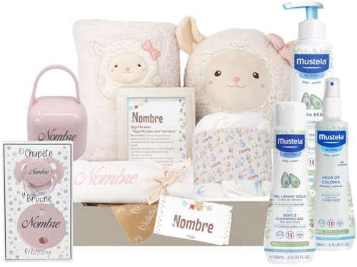 Mababyshop Cesta Regalo Bebé Personalizada Happy Ovejita Deluxe con Peluche, Manta Suave, Set de Higiene, Gasa Bordada, Chupete con Nombre, Cadena, Guardachupete y Marco (Ovejita Rosa)