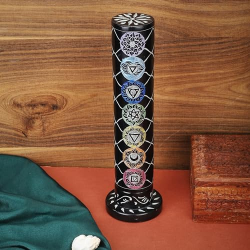 Ajuny Nero Marmo Pietra Ollare Incenso Torre Bruciatore 3x3x10.5 Pollici Rotondo Decorativo 7 Mantra Intaglio Design Portacandele Tea Light per Casa Ufficio Fragranza Yoga Meditazione Accessori