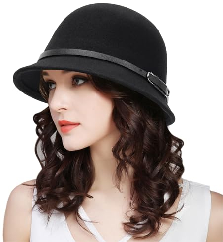 Vintage Wollfilz Glockenhut Bowler Derby Hüte für Damen – 20er/30er Jahre Britischer Zylinderhut mit kurzer Krempe, Schwarz , Einheitsgröße
