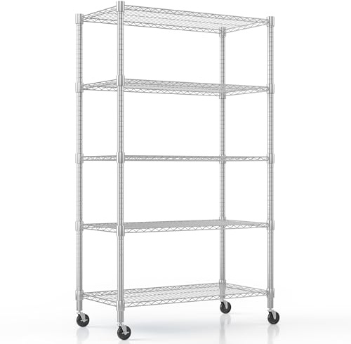 Himimi Scaffalatura a 5 Ripiani con Ruote e Piedini Livellatori, Scaffale di Stoccaggio in Metallo Regolabile in Altezza, Unità di Scaffalatura in Piedi per Bagno, Cucina,90 * 45 * 208CM, Argento
