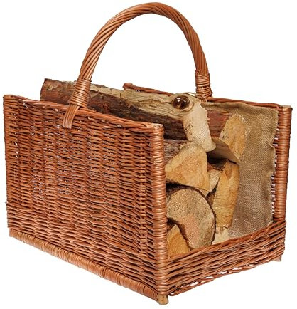 BOGATECO Cesta de mimbre con mango cuadrado | Cesta grande para chimenea 51X35X33 | Tejido a mano | Cesta de madera forrada con yute | Cesta para leña