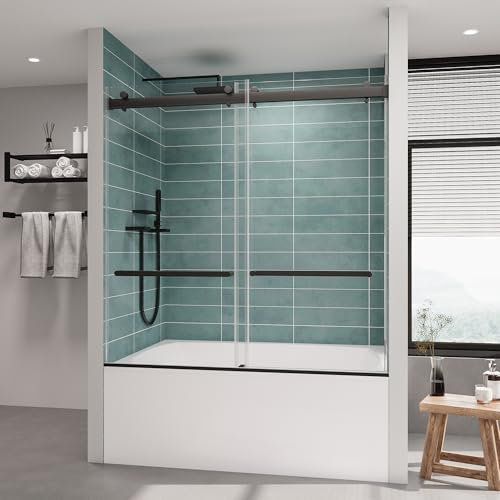 ROOMTEC Frameless Bathtub Shower Doors 56-60 W x 60 H, Double Sliding Tub Shower Door with Tempered Glass 5/16(8mm), Duty Stainless Steel Hardwares, Matte Black