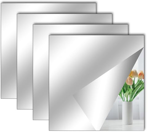 TSLBW 4-pack självhäftande spegelklistermärke på spegel 15 x 15 cm akrylspegel skolspeglar flexibla spegelark spegelklistermärken för vägg skola hem vardagsrum badrum sovrum dekor