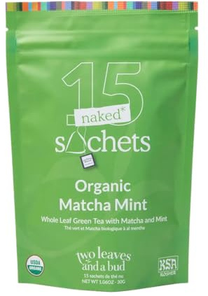 Two Leaves and a Bud Organic Matcha Mint - 15 Naked Tea Sachets, Whole Leaf Green Tea and Matcha in Eco-Friendly Unwrapped Compostable Sachets, Resealable Bag, 15 Count (Pack of 1)