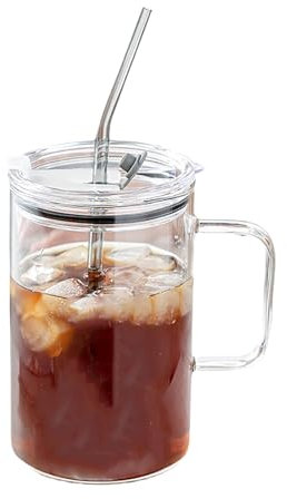 Uclac Vaso de cristal de 1 litro con tapa y pajita, taza de café, taza de jugo de leche, taza transparente para zumo y moca