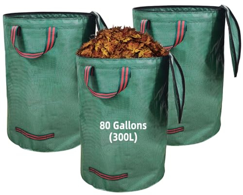 3× 300L Large Garden Waste Bags Heavy Duty with Lid Waterproof Foldable Reusables with Handles Garden Waste Bags Heavy Duty for Grass Leaves Hedge Cuttings Debris