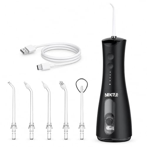 Nektle Water Flosser for Teeth, Cordless Oral Irrigator with 300ml Water Tank, 5 Jet Tips, USB-C Rechargeable Dental Water Flosser, 360° Rotating Nozzle for Braces, Gum Care, Plaque Removal & Travel