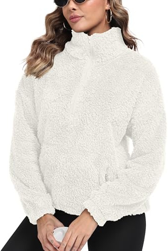 IWOLLENCE Felpa da donna autunno inverno morbido pile a maniche lunghe con tasche 1/4 zip, bianco, XL